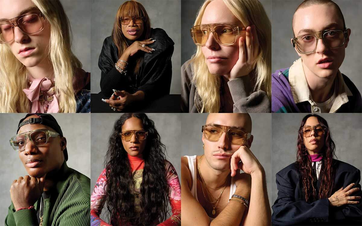 A range of fashion models showcasing ahlem eyewear in various poses and different frames.