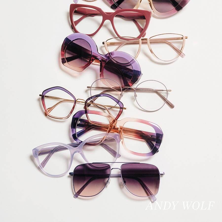 A selection of Andy Wolf eyewear including glasses and sunglasses.