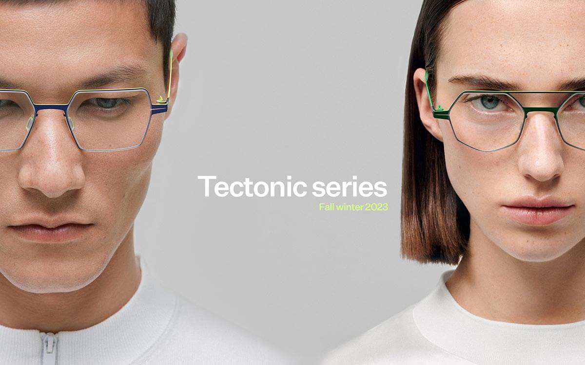 A man and a woman wearing lool eyewear with geometric frames and a semi-futuristic appeal.