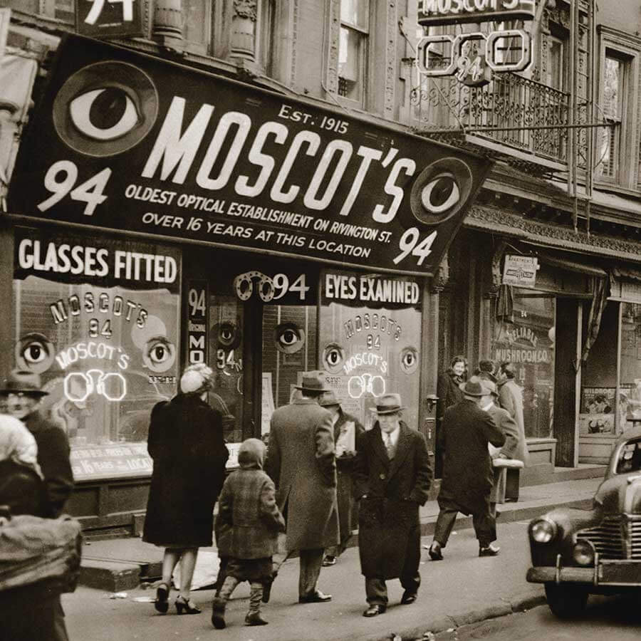 An old photo of the storefront of heritage Moscot sunglasses in New York.