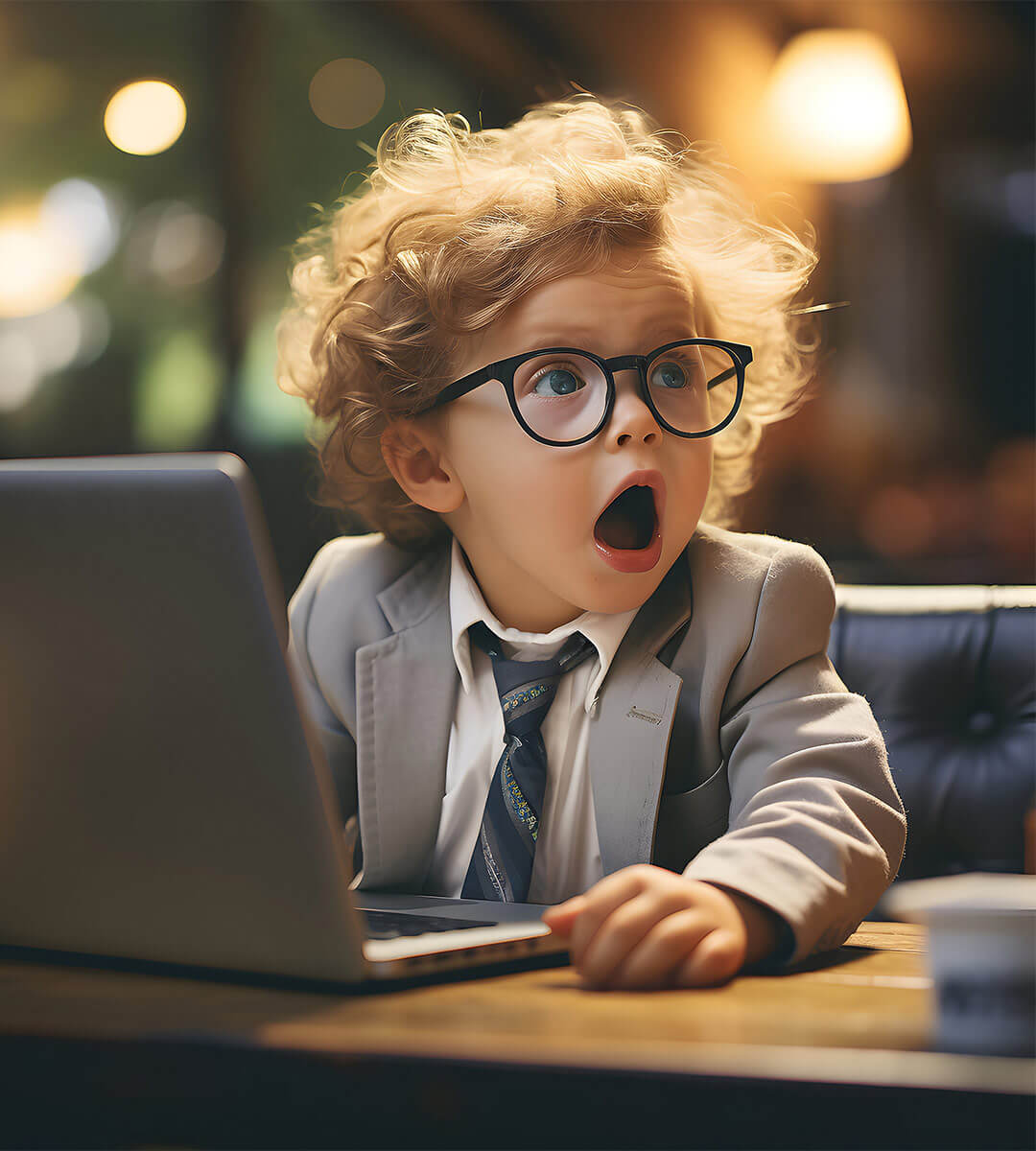 Young boy sitting at a laptop in a suit wearing designer children's glasses.