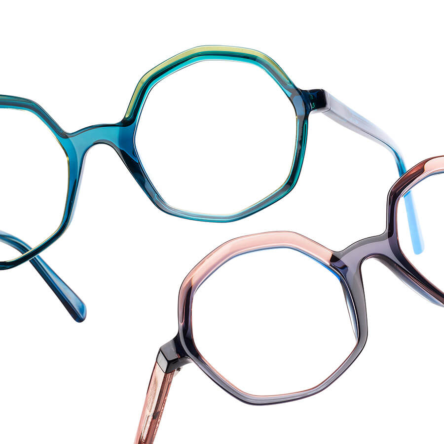 A close up of Res Rei glasses with handmade acetate frames.